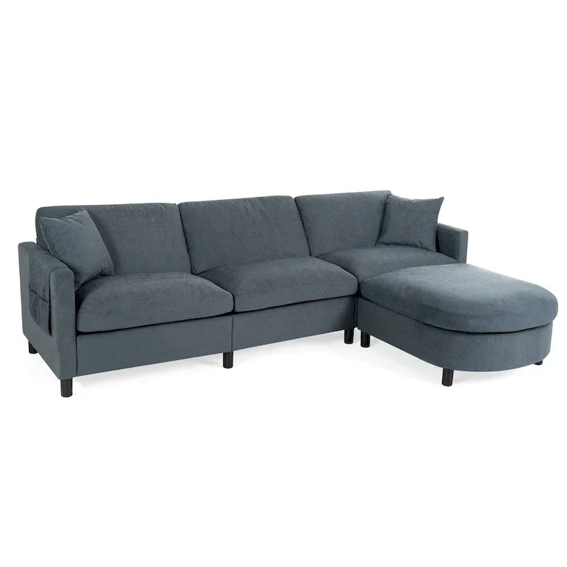 Canapé Sectionnel 4 Places Gris 107.87 pouces avec Coussins Amovibles, Pouf Mobile et Accoudoir de Rangement