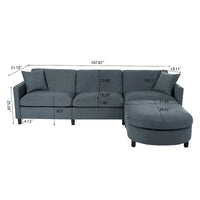 Canapé Sectionnel 4 Places Gris 107.87 pouces avec Coussins Amovibles, Pouf Mobile et Accoudoir de Rangement
