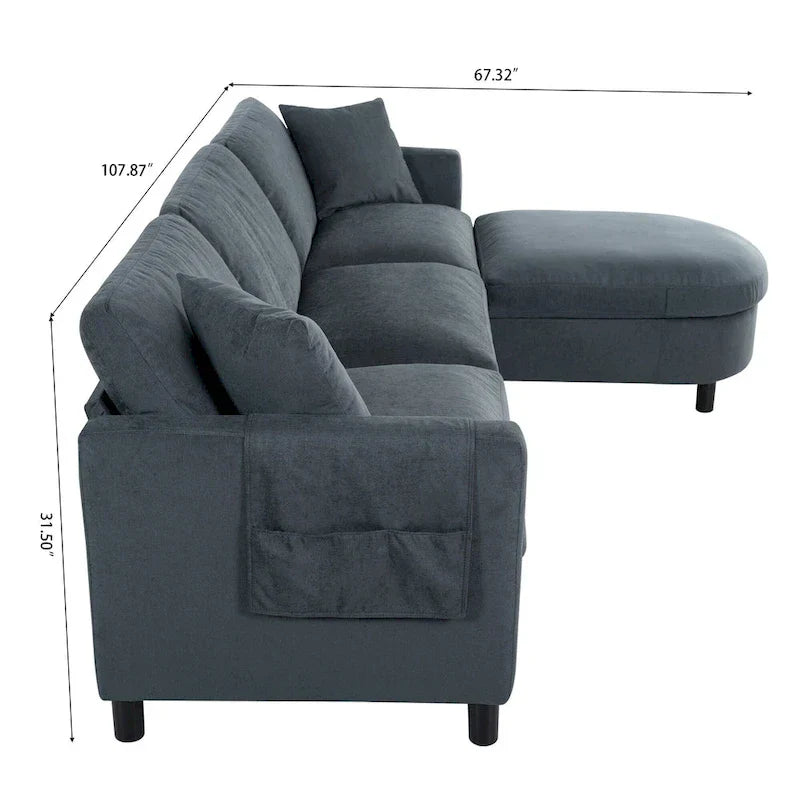 Canapé Sectionnel 4 Places Gris 107.87 pouces avec Coussins Amovibles, Pouf Mobile et Accoudoir de Rangement