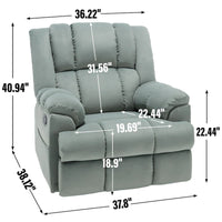 Fauteuil inclinable surdimensionné en tissu vert avec rotation 360°, fonction berçante et commandes manuelles pour un confort maximal
