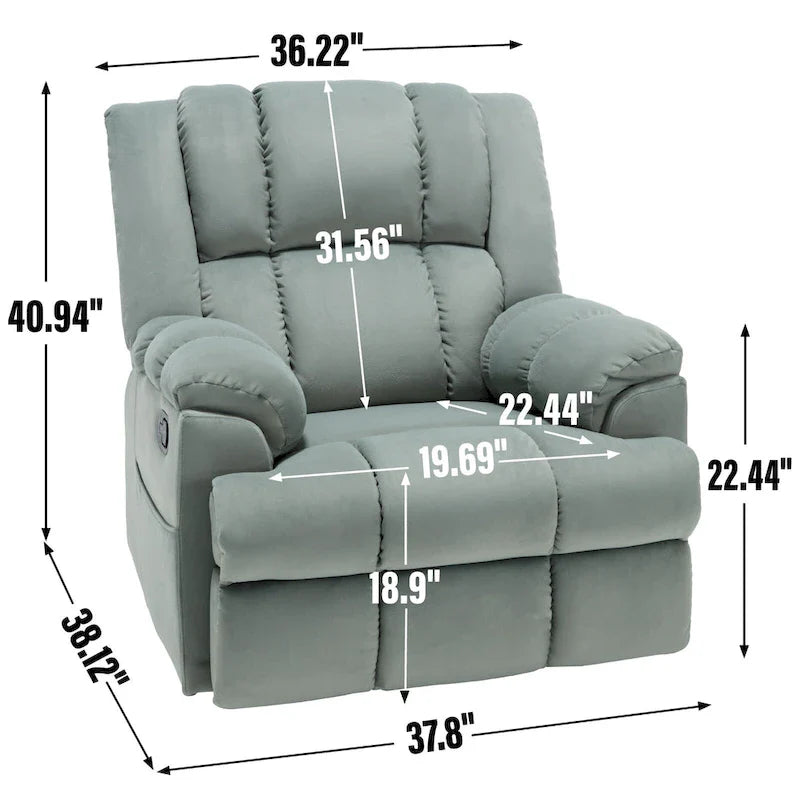Fauteuil inclinable surdimensionné en tissu vert avec rotation 360°, fonction berçante et commandes manuelles pour un confort maximal