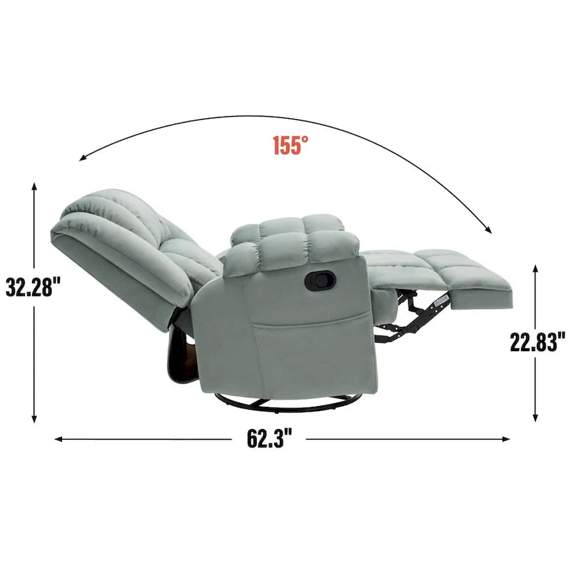 Fauteuil inclinable surdimensionné en tissu vert avec rotation 360°, fonction berçante et commandes manuelles pour un confort maximal