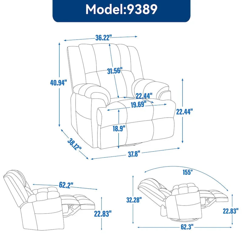Fauteuil inclinable vert surdimensionné en tissu avec pivotement à 360°, fonction bascule et commandes manuelles pour un confort maximal