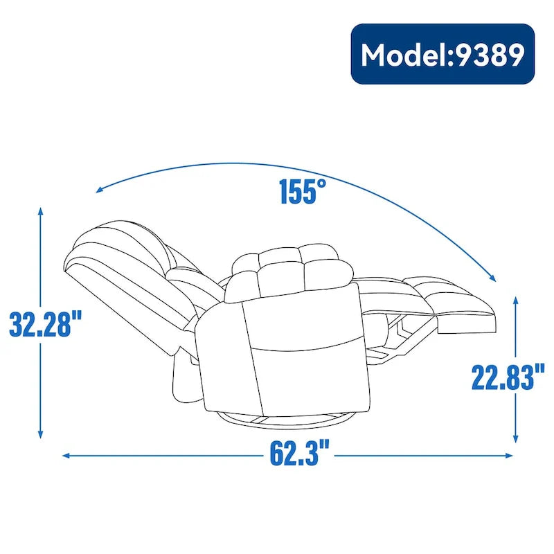 Fauteuil inclinable surdimensionné en tissu vert avec rotation 360°, fonction berçante et commandes manuelles pour un confort maximal
