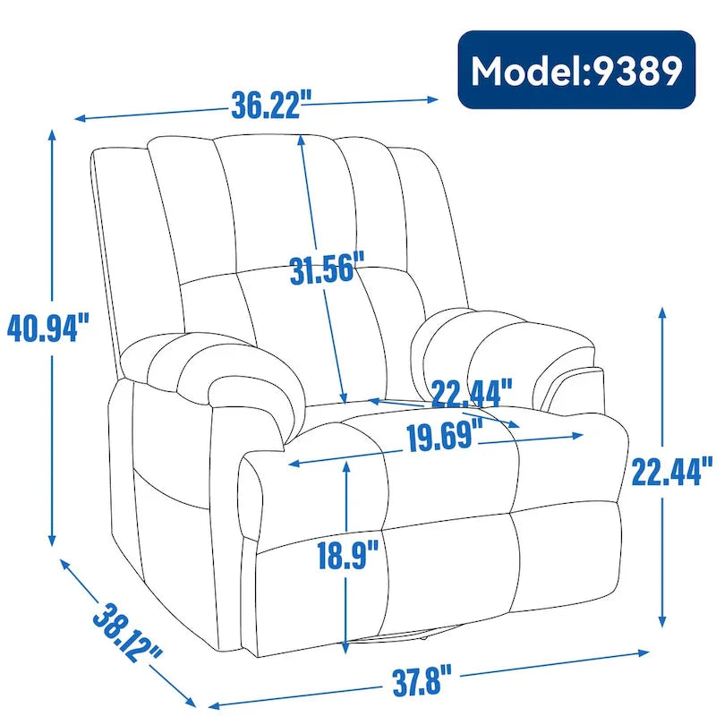 Fauteuil inclinable surdimensionné en tissu vert avec rotation 360°, fonction berçante et commandes manuelles pour un confort maximal