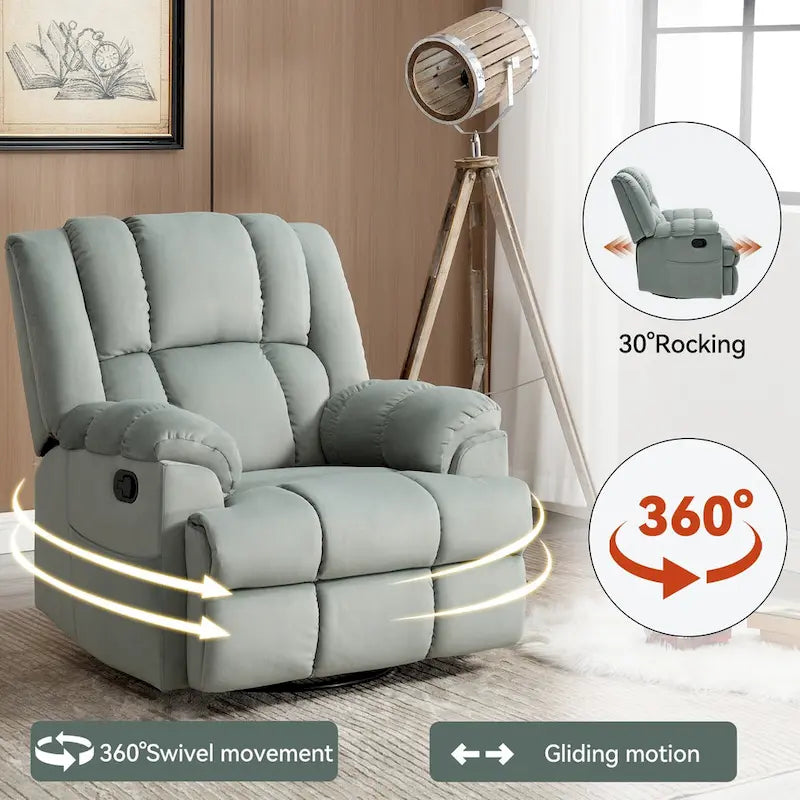 Fauteuil inclinable surdimensionné en tissu vert avec rotation 360°, fonction berçante et commandes manuelles pour un confort maximal