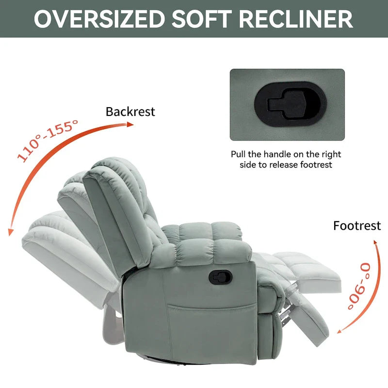 Fauteuil inclinable surdimensionné en tissu vert avec rotation 360°, fonction berçante et commandes manuelles pour un confort maximal