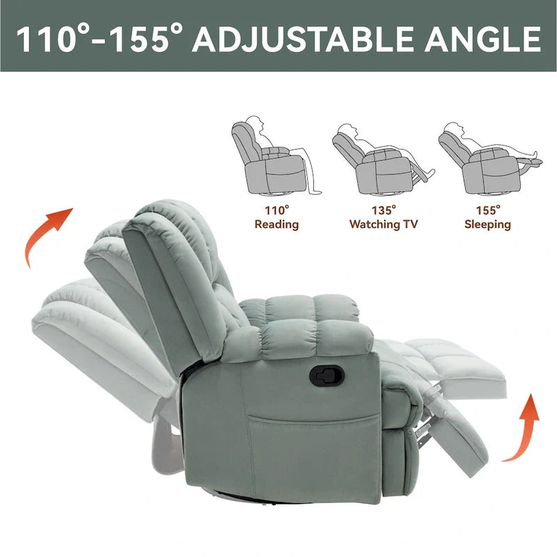 Fauteuil inclinable vert surdimensionné en tissu avec pivotement à 360°, fonction bascule et commandes manuelles pour un confort maximal