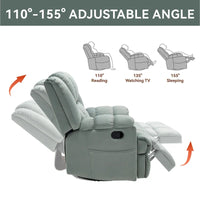 Fauteuil inclinable surdimensionné en tissu vert avec rotation 360°, fonction berçante et commandes manuelles pour un confort maximal