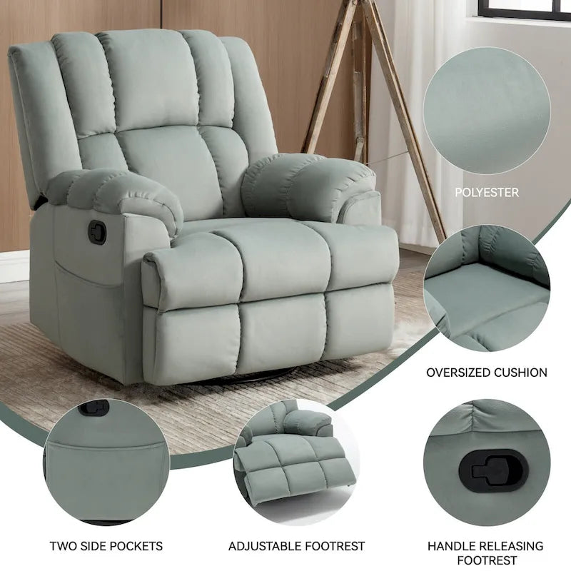 Fauteuil inclinable surdimensionné en tissu vert avec rotation 360°, fonction berçante et commandes manuelles pour un confort maximal