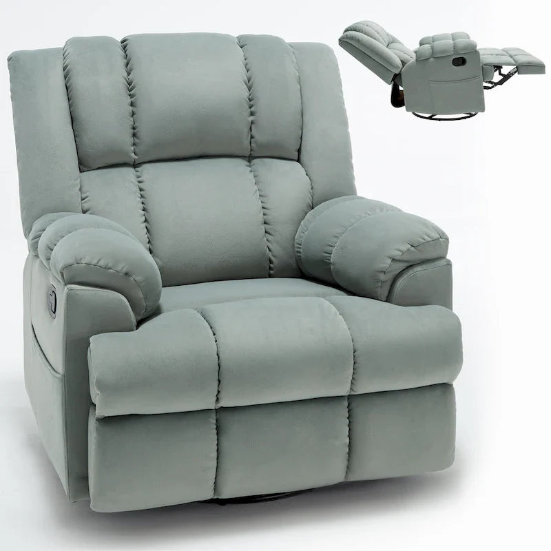 Fauteuil inclinable surdimensionné en tissu vert avec rotation 360°, fonction berçante et commandes manuelles pour un confort maximal