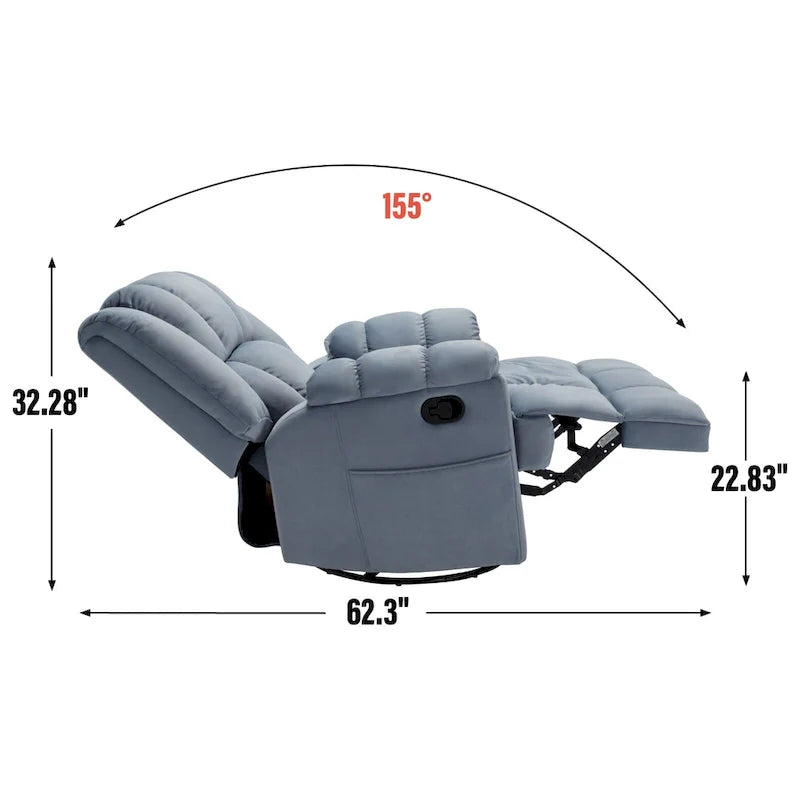 Fauteuil inclinable surdimensionné en tissu vert avec rotation 360°, fonction berçante et commandes manuelles pour un confort maximal