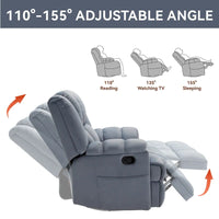 Fauteuil inclinable surdimensionné en tissu vert avec rotation 360°, fonction berçante et commandes manuelles pour un confort maximal