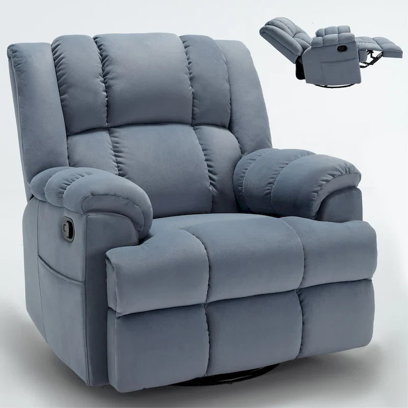 Fauteuil inclinable surdimensionné en tissu vert avec rotation 360°, fonction berçante et commandes manuelles pour un confort maximal