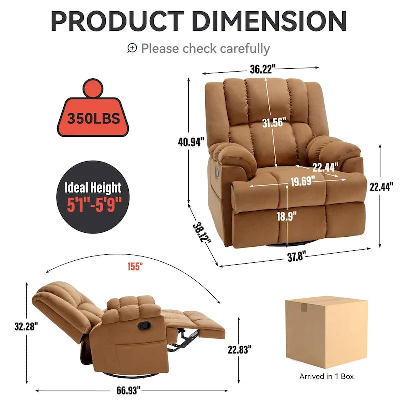 Fauteuil inclinable surdimensionné en tissu vert avec rotation 360°, fonction berçante et commandes manuelles pour un confort maximal