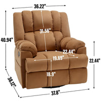 Fauteuil inclinable surdimensionné en tissu vert avec rotation 360°, fonction berçante et commandes manuelles pour un confort maximal