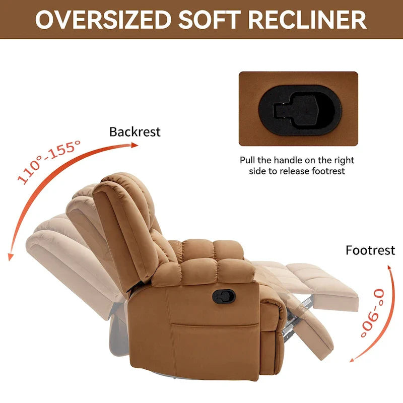 Fauteuil inclinable surdimensionné en tissu vert avec rotation 360°, fonction berçante et commandes manuelles pour un confort maximal