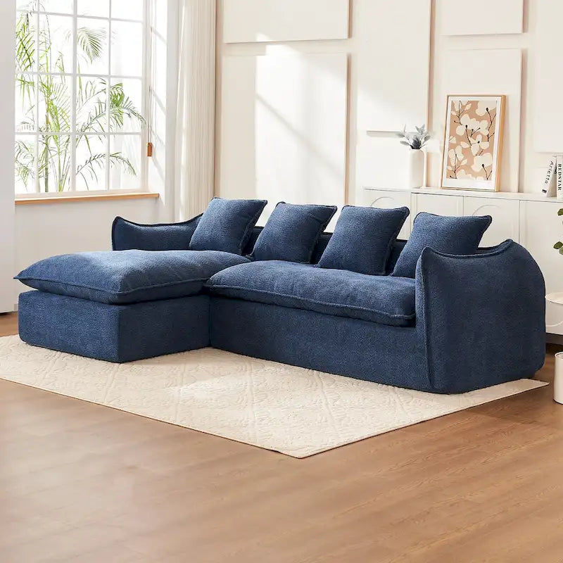 Canapé sectionnel bleu 106.3 surdimensionné en forme de L 3 places avec méridienne, 4 coussins décoratifs et conception modulable élégante