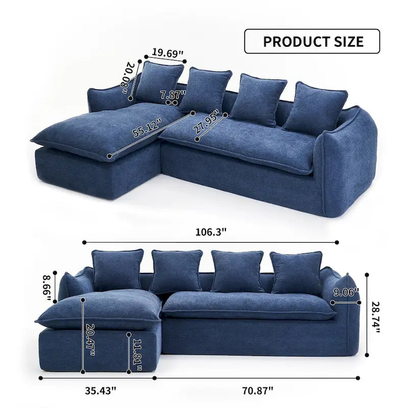 Canapé sectionnel bleu 106.3 surdimensionné en forme de L 3 places avec méridienne, 4 coussins décoratifs et conception modulable élégante