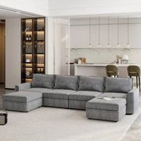Canapé Sectionnel Modulable Gris 6 Places Convertible en Forme de U 115 pouces avec Pouf, Tissu Personnalisable et Accoudoirs Inclinables