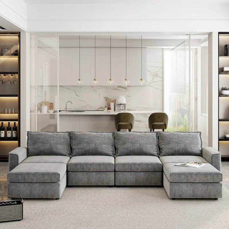 Canapé Sectionnel Modulable Gris 6 Places Convertible en Forme de U 115 pouces avec Pouf, Tissu Personnalisable et Accoudoirs Inclinables