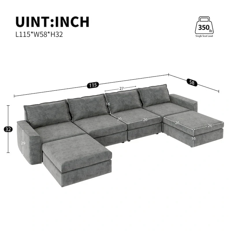 Canapé Sectionnel Modulable Gris 6 Places Convertible en Forme de U 115 pouces avec Pouf, Tissu Personnalisable et Accoudoirs Inclinables