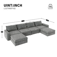 Canapé Sectionnel Modulable Gris 6 Places Convertible en Forme de U 115 pouces avec Pouf, Tissu Personnalisable et Accoudoirs Inclinables