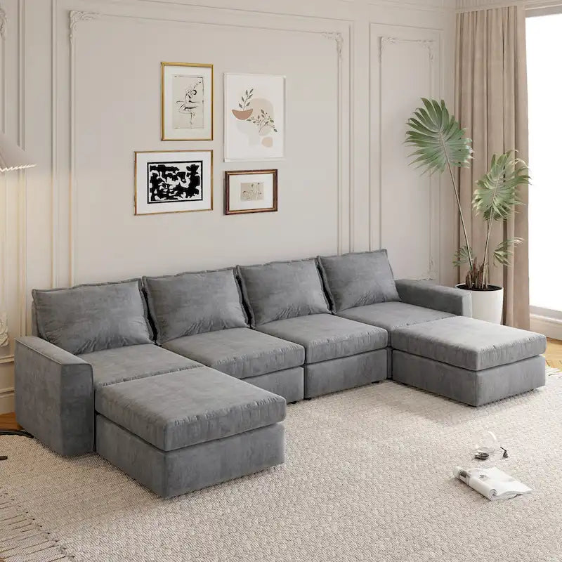 Canapé Sectionnel Modulable Gris 6 Places Convertible en Forme de U 115 pouces avec Pouf, Tissu Personnalisable et Accoudoirs Inclinables