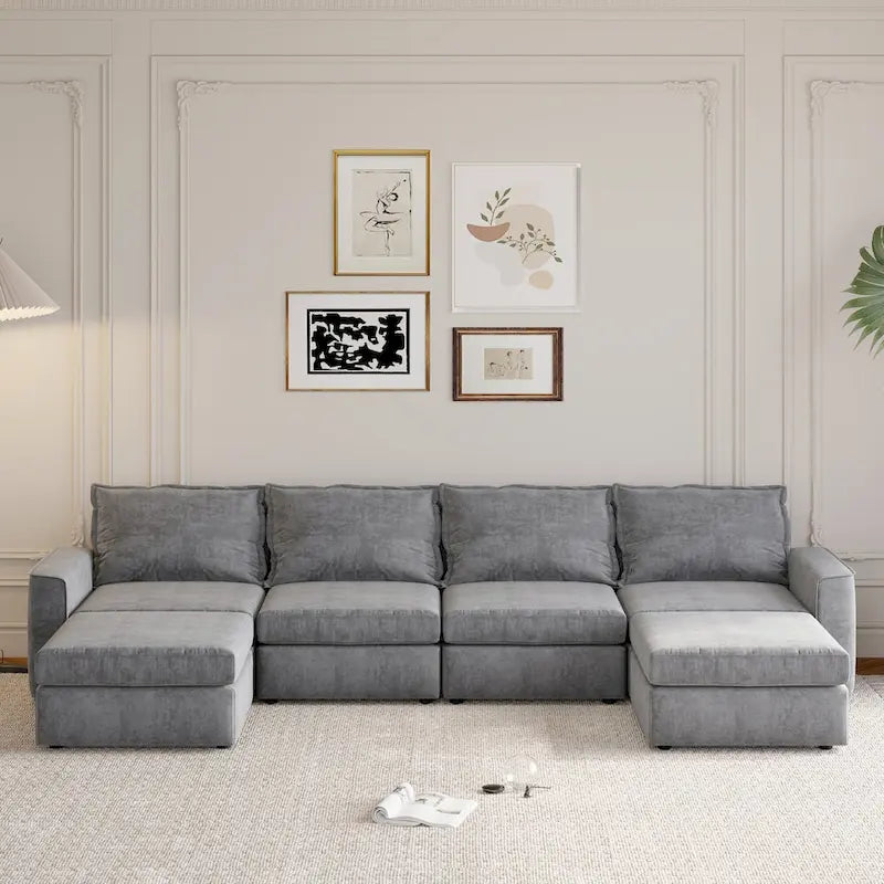 Canapé Sectionnel Modulable Gris 6 Places Convertible en Forme de U 115 pouces avec Pouf, Tissu Personnalisable et Accoudoirs Inclinables