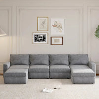 Canapé Sectionnel Modulable Gris 6 Places Convertible en Forme de U 115 pouces avec Pouf, Tissu Personnalisable et Accoudoirs Inclinables
