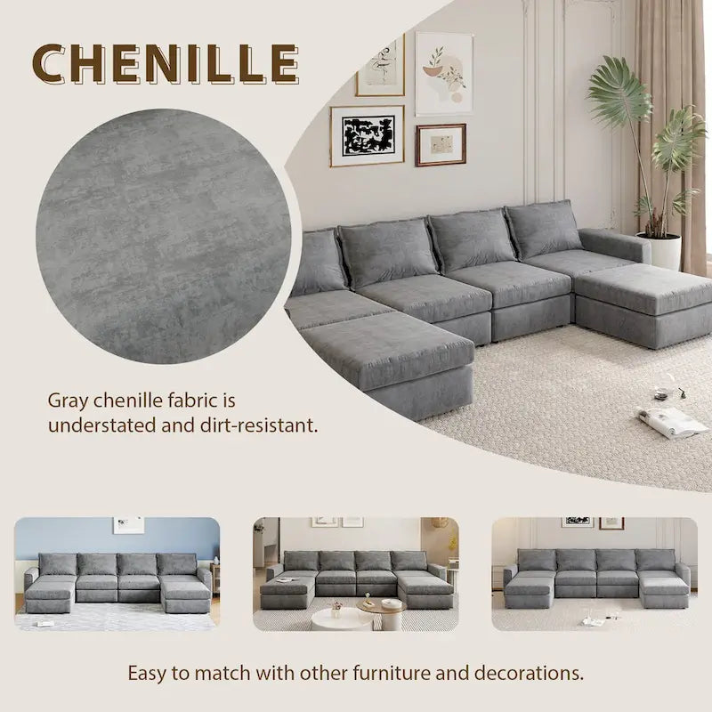 Canapé Sectionnel Modulable Gris 6 Places Convertible en Forme de U 115 pouces avec Pouf, Tissu Personnalisable et Accoudoirs Inclinables