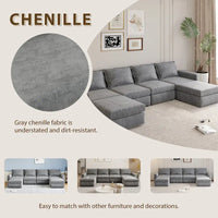 Canapé Sectionnel Modulable Gris 6 Places Convertible en Forme de U 115 pouces avec Pouf, Tissu Personnalisable et Accoudoirs Inclinables
