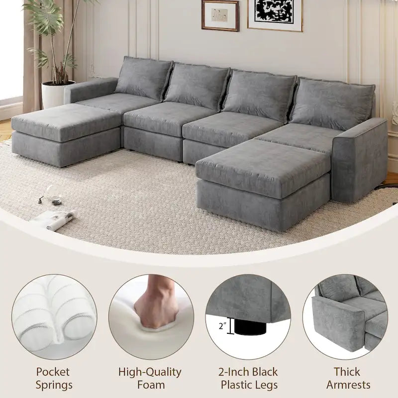 Canapé Sectionnel Modulable Gris 6 Places Convertible en Forme de U 115 pouces avec Pouf, Tissu Personnalisable et Accoudoirs Inclinables