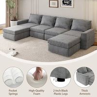 Canapé Sectionnel Modulable Gris 6 Places Convertible en Forme de U 115 pouces avec Pouf, Tissu Personnalisable et Accoudoirs Inclinables