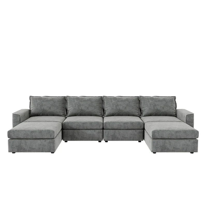 Canapé Sectionnel Modulable Gris 6 Places Convertible en Forme de U 115 pouces avec Pouf, Tissu Personnalisable et Accoudoirs Inclinables