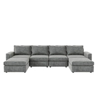 Canapé Sectionnel Modulable Gris 6 Places Convertible en Forme de U 115 pouces avec Pouf, Tissu Personnalisable et Accoudoirs Inclinables