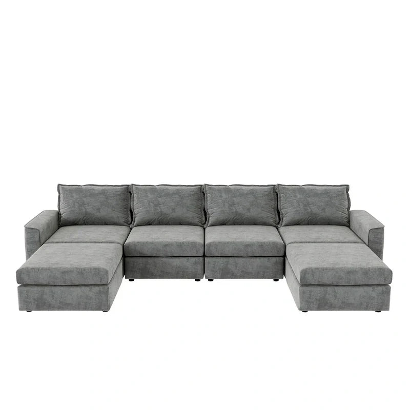 Canapé Sectionnel Modulable Gris 6 Places Convertible en Forme de U 115 pouces avec Pouf, Tissu Personnalisable et Accoudoirs Inclinables