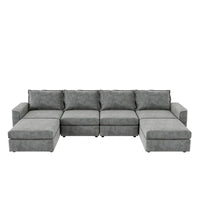 Canapé Sectionnel Modulable Gris 6 Places Convertible en Forme de U 115 pouces avec Pouf, Tissu Personnalisable et Accoudoirs Inclinables