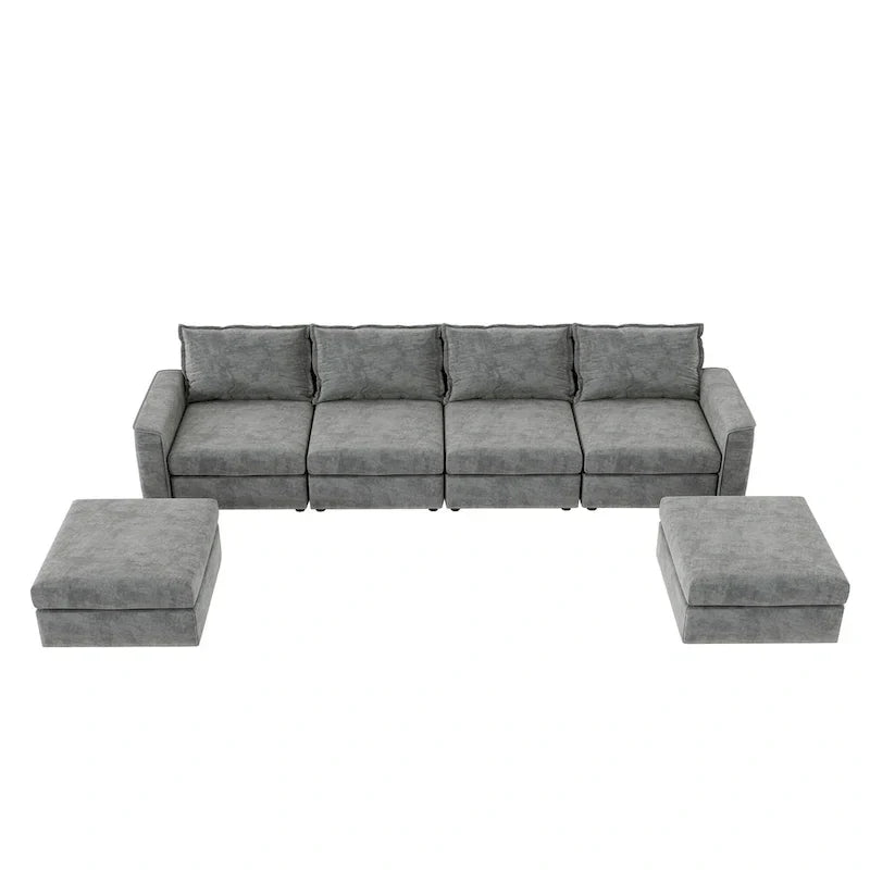 Canapé Sectionnel Modulable Gris 6 Places Convertible en Forme de U 115 pouces avec Pouf, Tissu Personnalisable et Accoudoirs Inclinables