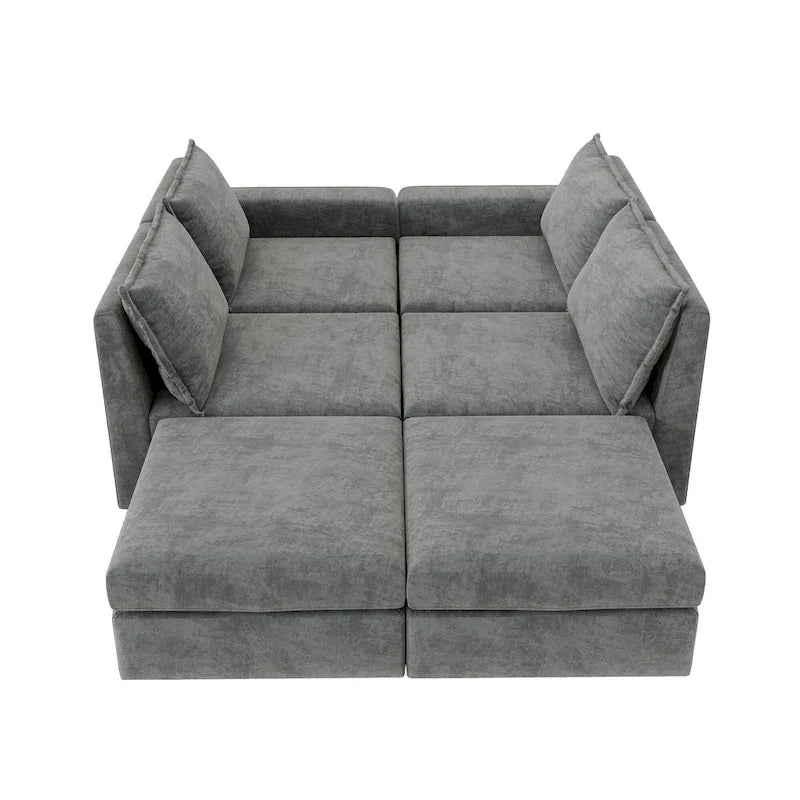 Canapé Sectionnel Modulable Gris 6 Places Convertible en Forme de U 115 pouces avec Pouf, Tissu Personnalisable et Accoudoirs Inclinables