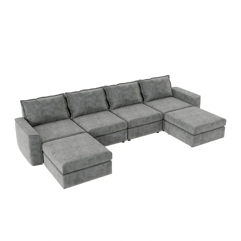 Canapé Sectionnel Modulable Gris 6 Places Convertible en Forme de U 115 pouces avec Pouf, Tissu Personnalisable et Accoudoirs Inclinables