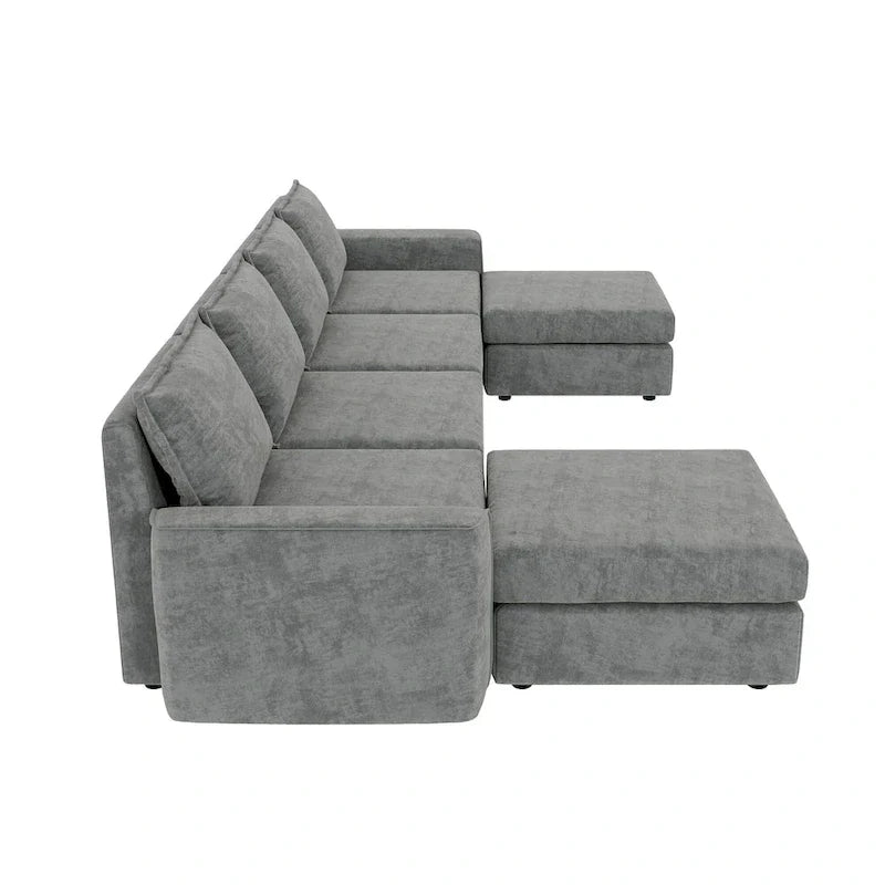 Canapé Sectionnel Modulable Gris 6 Places Convertible en Forme de U 115 pouces avec Pouf, Tissu Personnalisable et Accoudoirs Inclinables