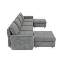 Canapé Sectionnel Modulable Gris 6 Places Convertible en Forme de U 115 pouces avec Pouf, Tissu Personnalisable et Accoudoirs Inclinables