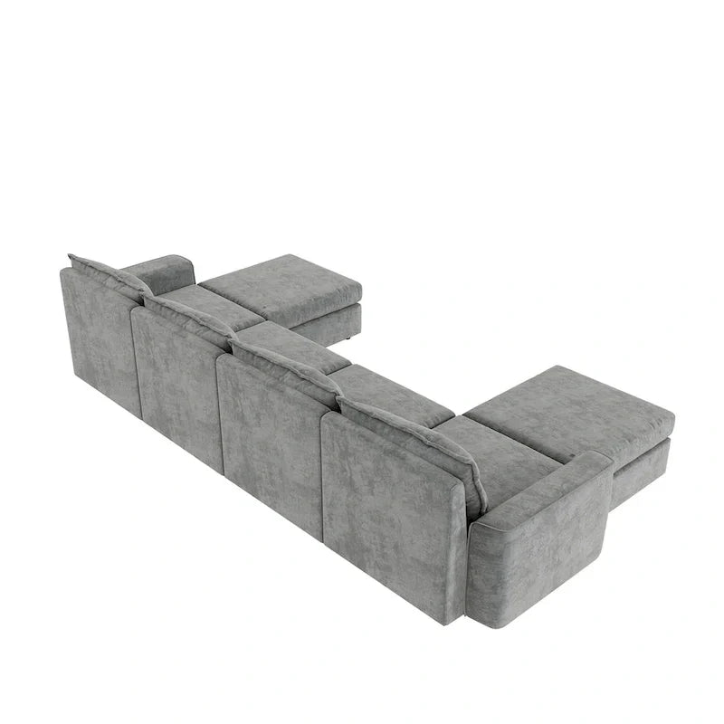 Canapé Sectionnel Modulable Gris 6 Places Convertible en Forme de U 115 pouces avec Pouf, Tissu Personnalisable et Accoudoirs Inclinables