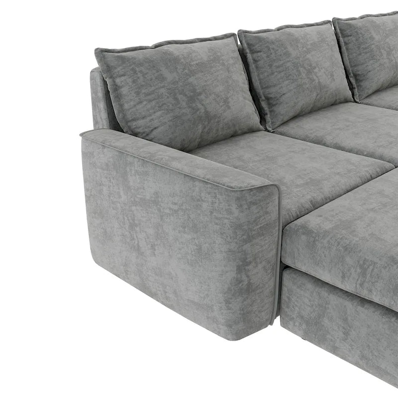 Canapé Sectionnel Modulable Gris 6 Places Convertible en Forme de U 115 pouces avec Pouf, Tissu Personnalisable et Accoudoirs Inclinables