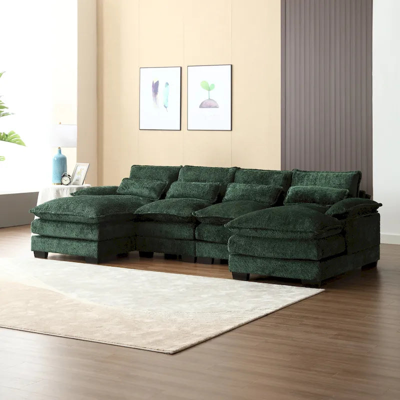 Canapé Sectionnel 4 Places Moderne en Chenille Forme U 110.63 pouces avec Doubles Coussins, 2 Méridiennes et Mousse Haute Densité