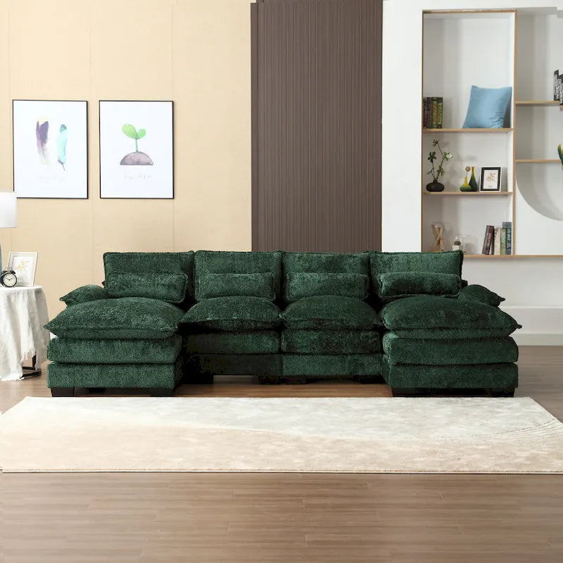 Canapé Sectionnel 4 Places Moderne en Chenille Forme U 110.63 pouces avec Doubles Coussins, 2 Méridiennes et Mousse Haute Densité