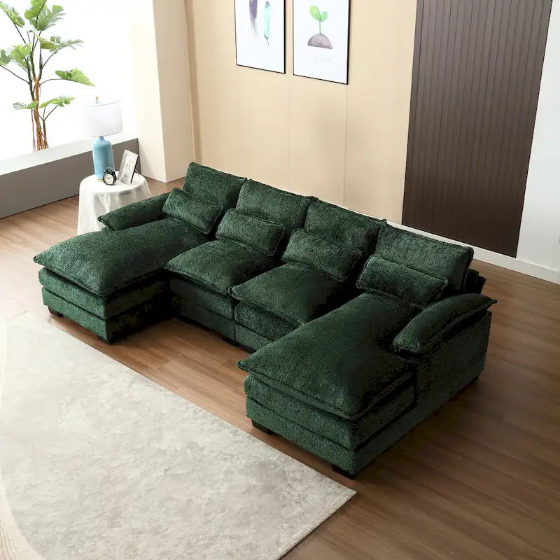 Canapé Sectionnel 4 Places Moderne en Chenille Forme U 110.63 pouces avec Doubles Coussins, 2 Méridiennes et Mousse Haute Densité