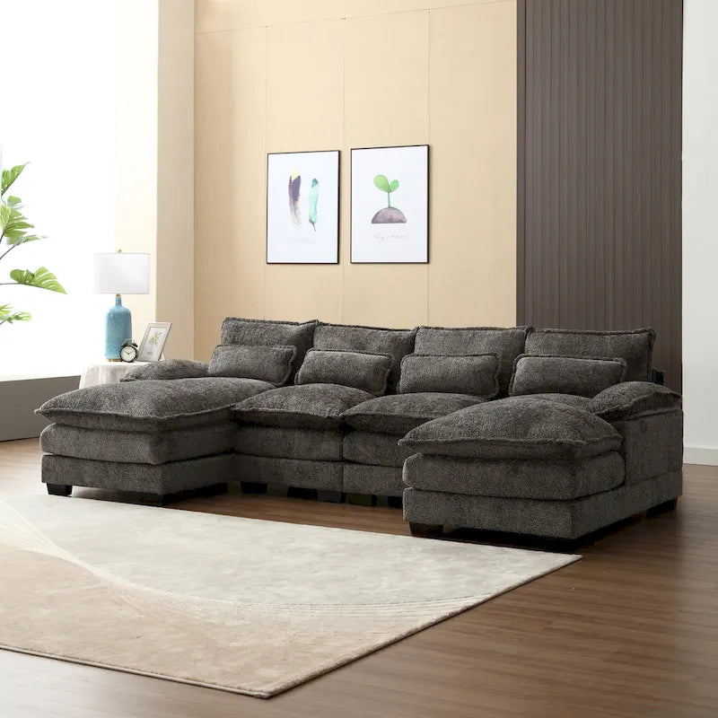 Canapé Sectionnel 4 Places Moderne en Chenille Forme U 110.63 pouces avec Doubles Coussins, 2 Méridiennes et Mousse Haute Densité