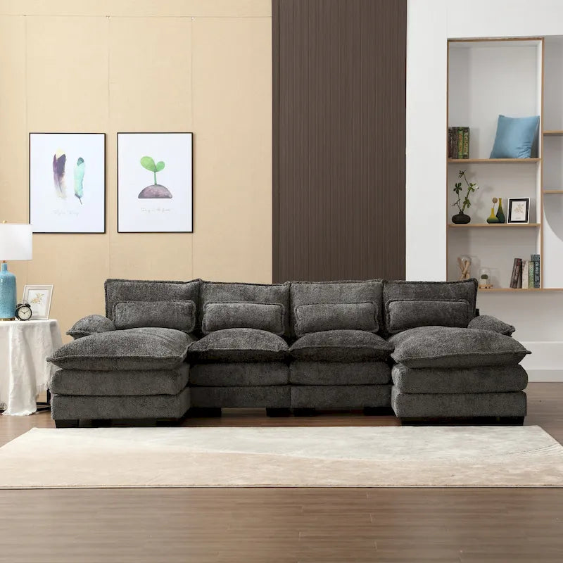 Canapé Sectionnel 4 Places Moderne en Chenille Forme U 110.63 pouces avec Doubles Coussins, 2 Méridiennes et Mousse Haute Densité